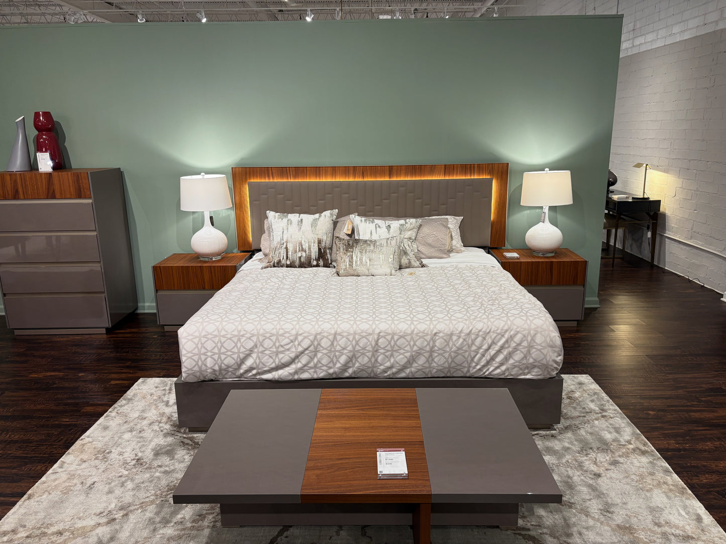 Beige and Walnut Back Lit King Bed